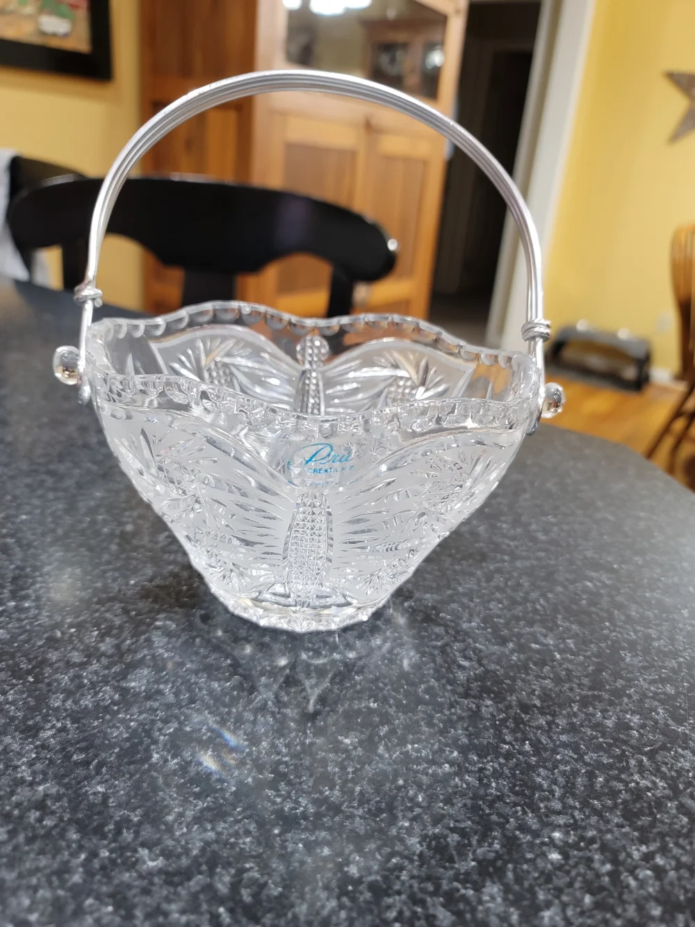Vintage leaded crystal basket decorative butterfly design arched metal handle